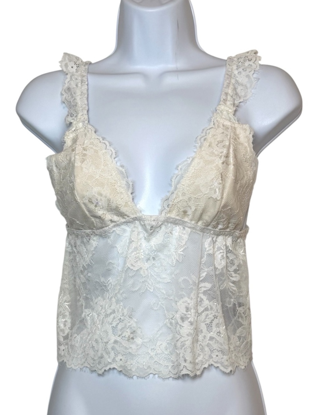 Shein Ivory Cream Lace Bralette Crop Top Sheer Floral Lace Scalloped Trim